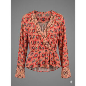 Free People Coral Pink Floral Paisley Faux Wrap Peplum Boho V-Neck Blouse Medium